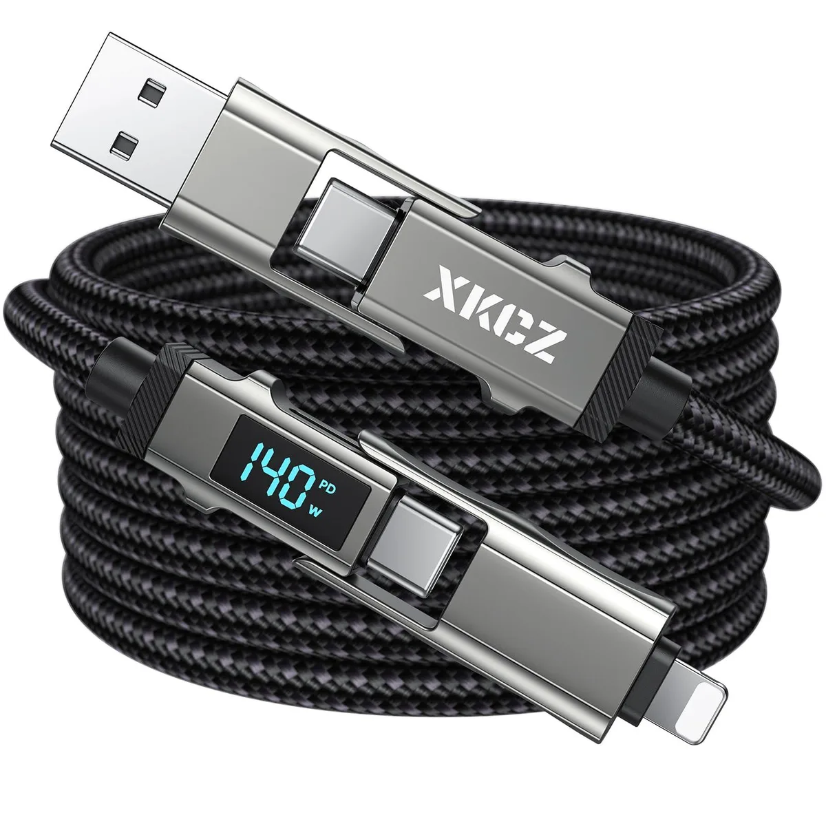 Grey nylon-braided 4-in-1 USB-C cable with wattage display, 3 ft