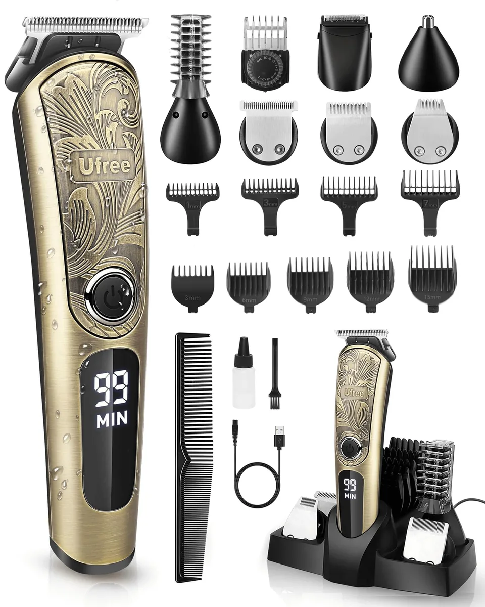 Black five-head grooming shaver with charging stand