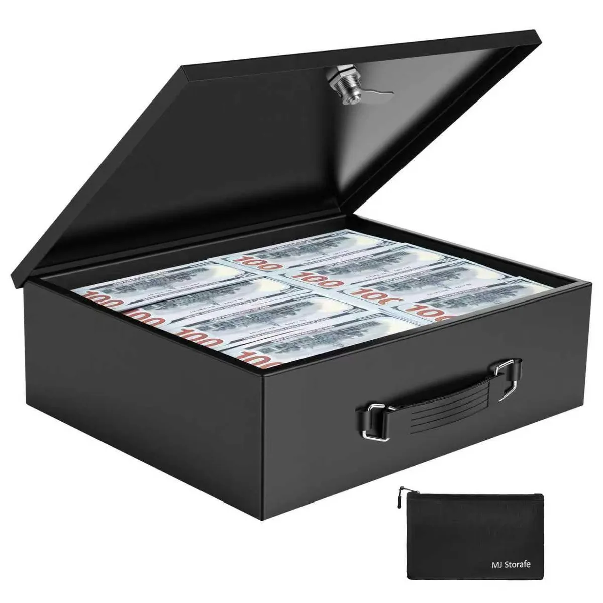 Black rectangular fireproof safe with key lock and carry handle 13.2x11x4.1 inches