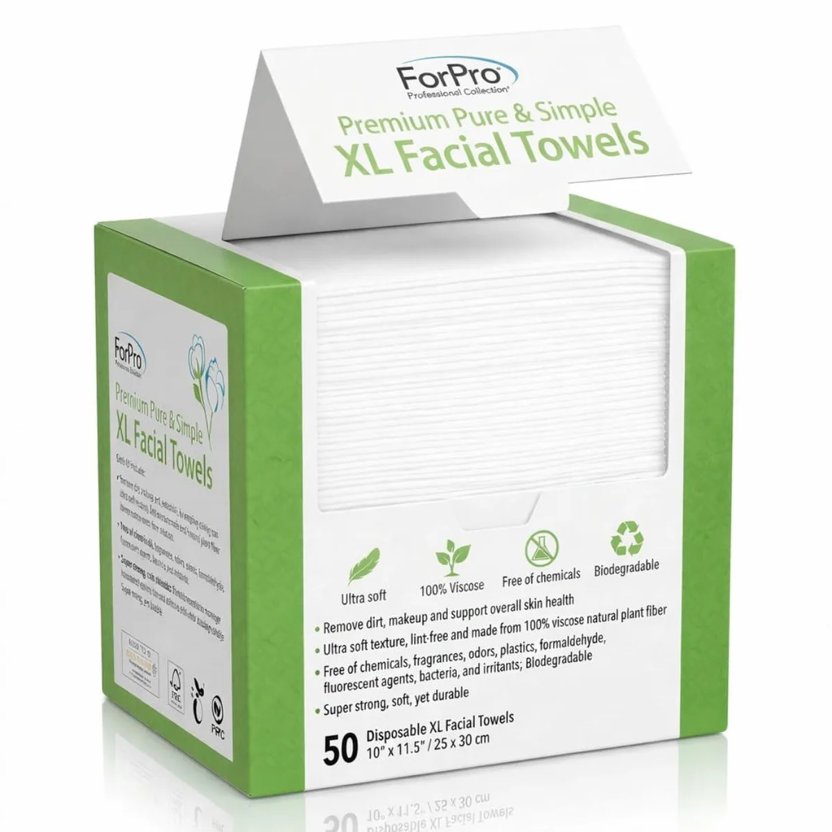 White pop-up box containing 50 disposable viscose face towels