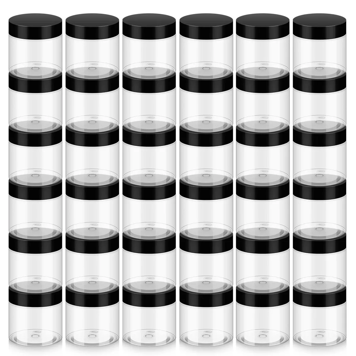 36 clear plastic jars with white lids in a rectangular pack measuring 6.3 by 4.3 inches