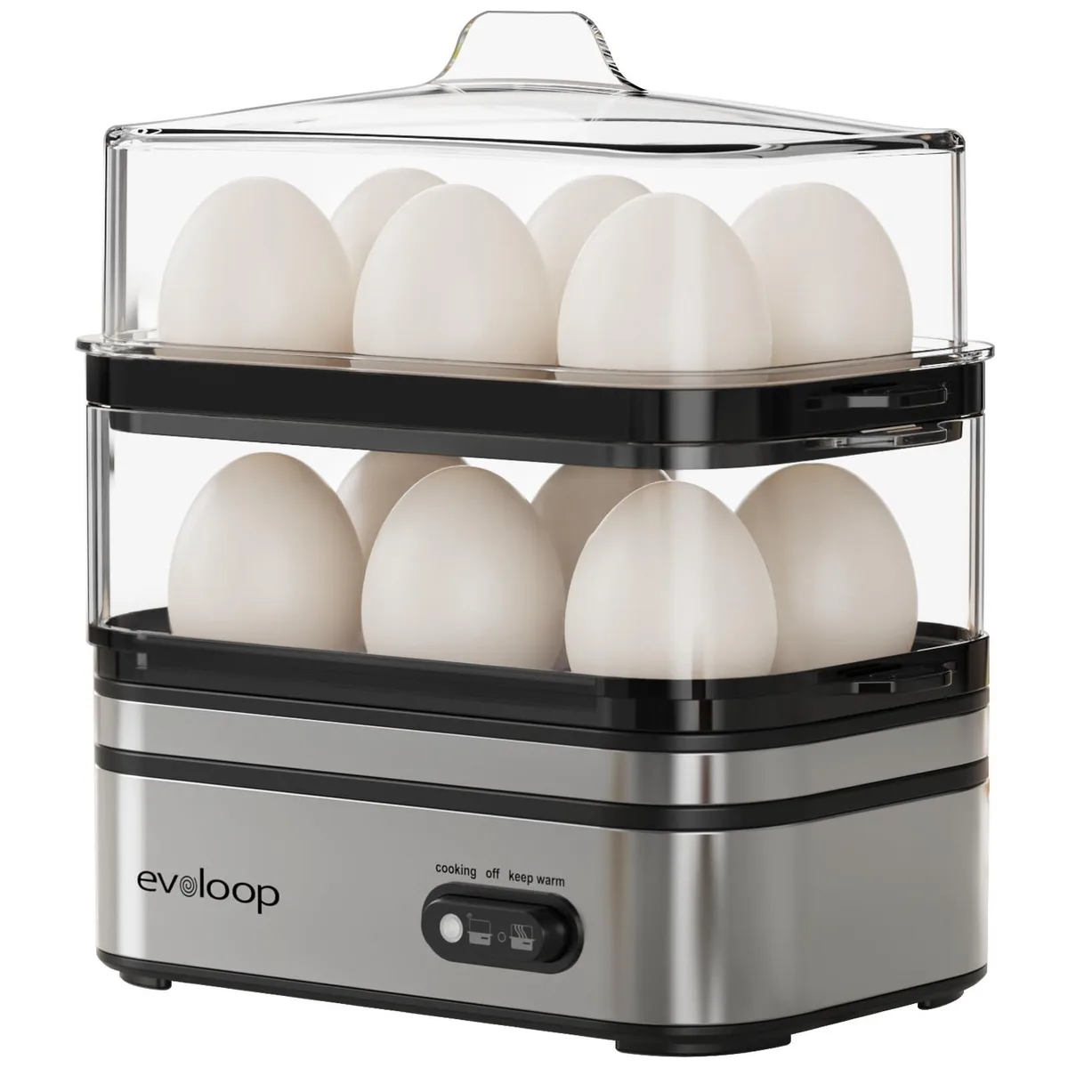 White electric egg cooker with transparent lid and stackable two-tier egg trays on a base unit