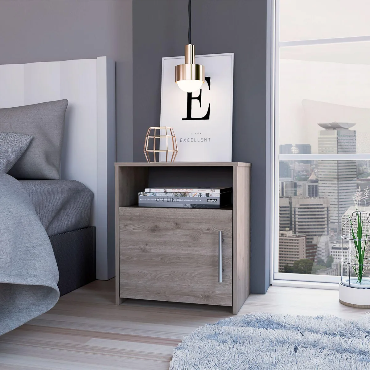 Light gray particle-board nightstand with single door, metal handle and one shelf