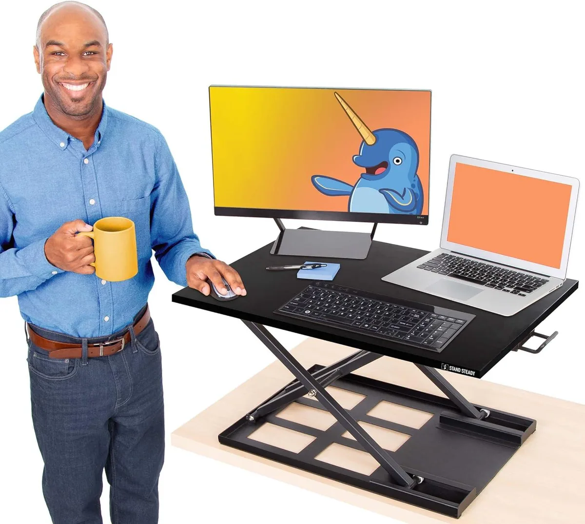 Black 28-inch standing desk converter with pneumatic lift handle and single-level surface