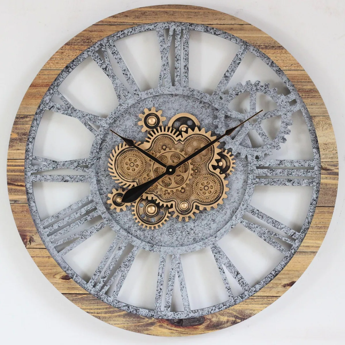The Gears Clock The Gears Clock AMERICA 24 Inch Round Real Moving Gear Wall Clock Wood &amp; Stone — product photo