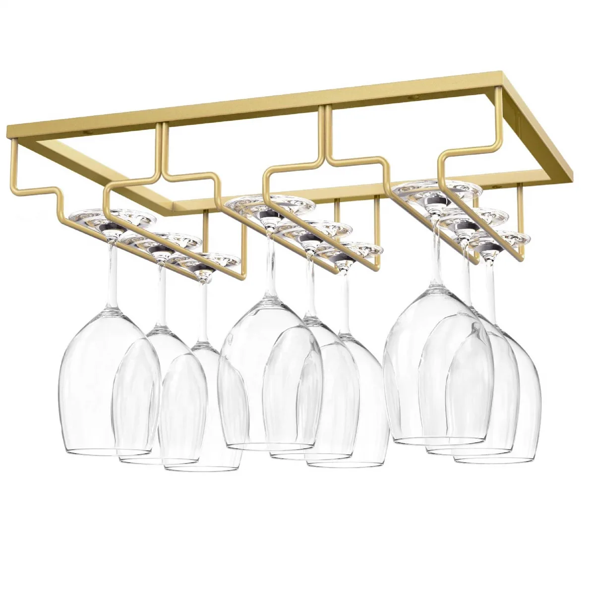 Gold under-cabinet wine glass rack with three rows of curved iron stems, smooth finish, mounting holes visible