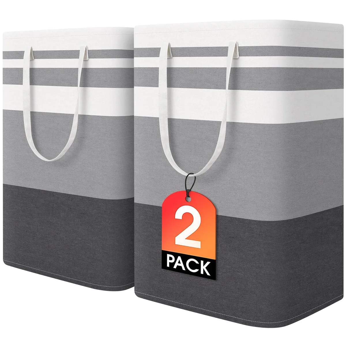 Two grey fabric laundry hampers with metal frames, standing upright showing reinforced side handles