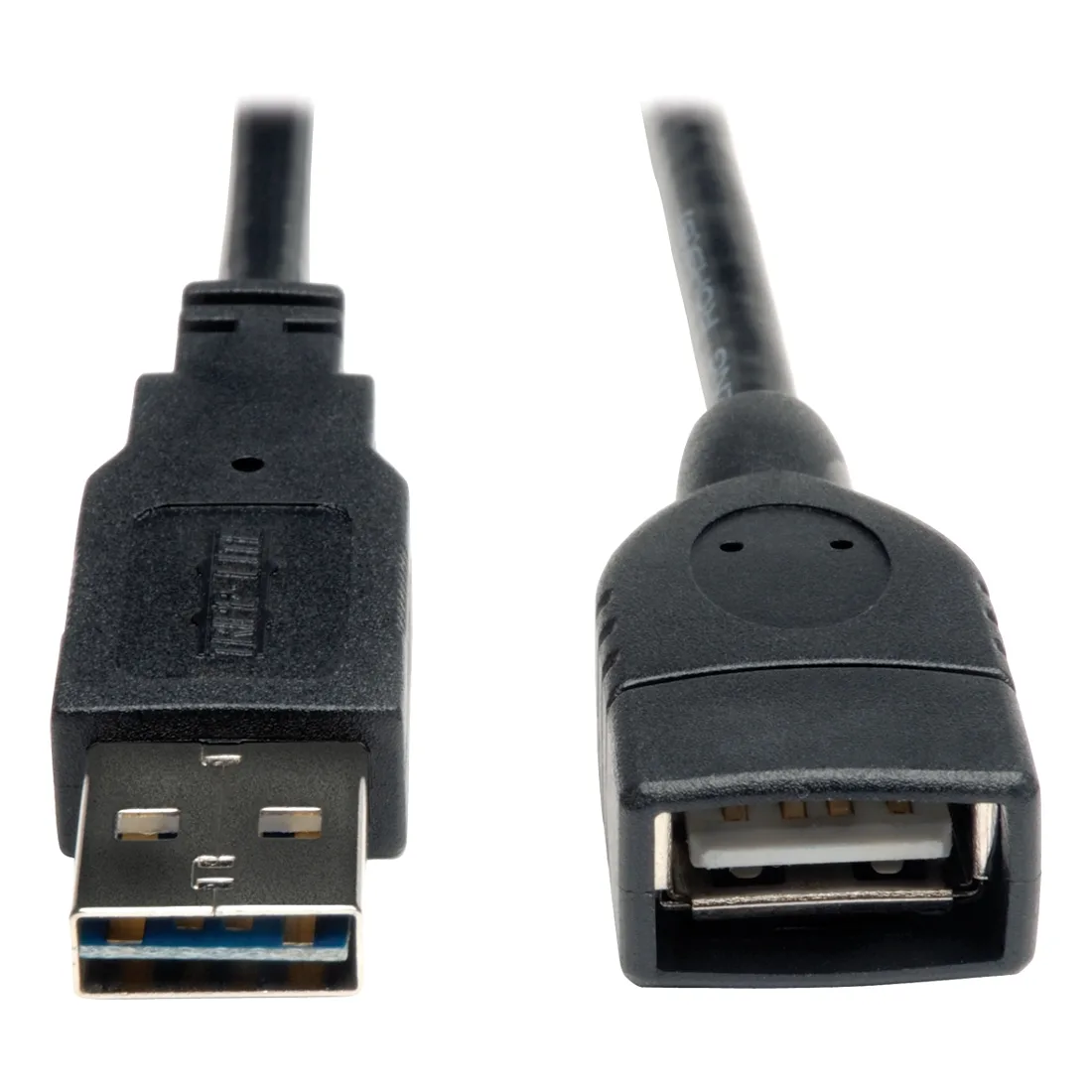 Black USB 2.0 extension cable, Type A male to female, 1 ft moulded connectors