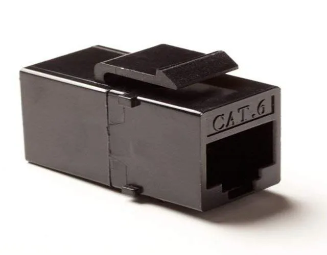 Black rectangular CAT6 RJ45 keystone coupler with front and rear ports