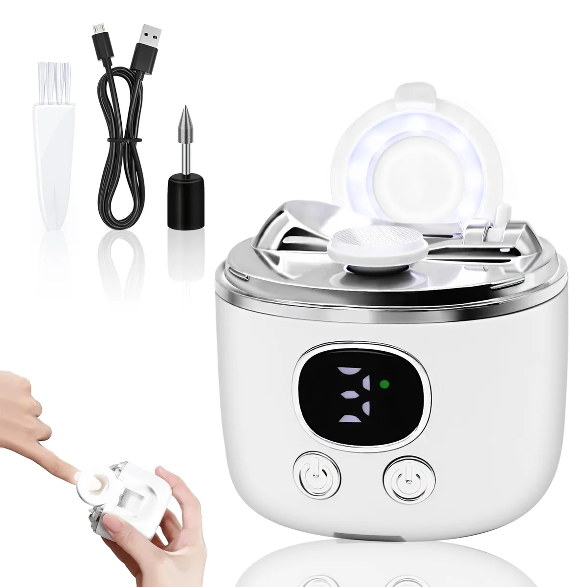 Blue electric nail trimmer with LED magnifier and USB-C port