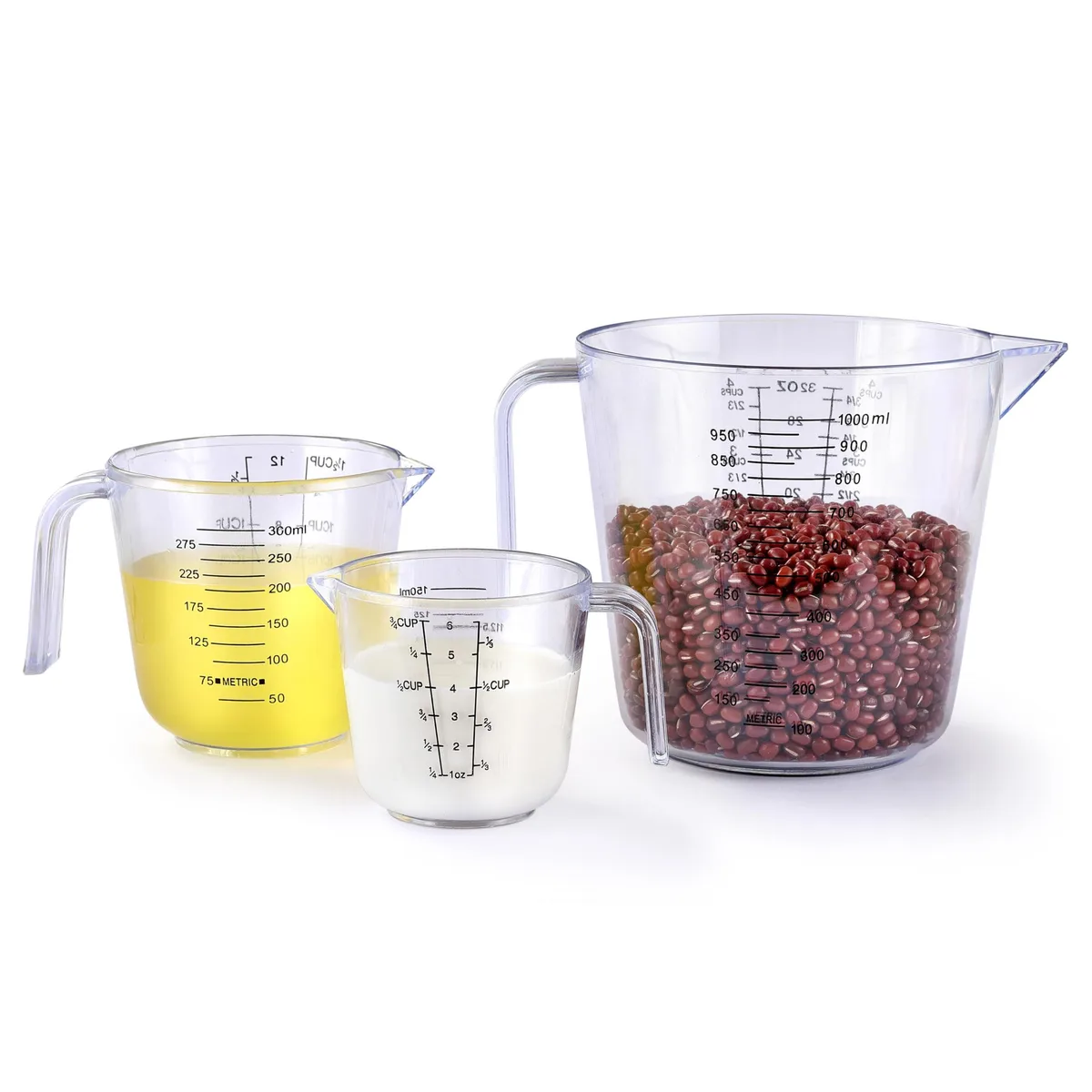 Three clear plastic measuring cups with handles and printed scales, sizes 1000ml 300ml 150ml