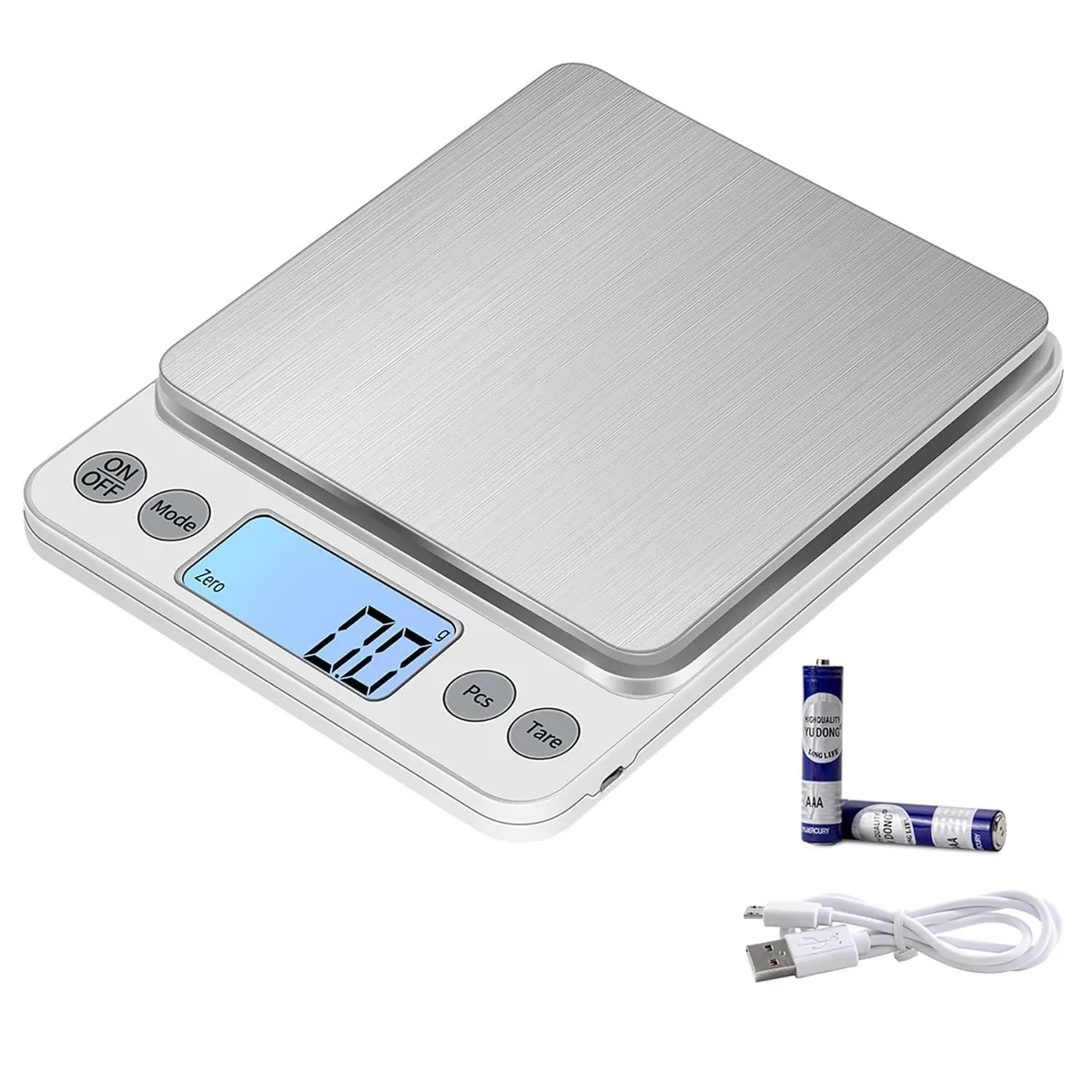 Silver digital scale with stainless steel platform, blue LCD, two trays