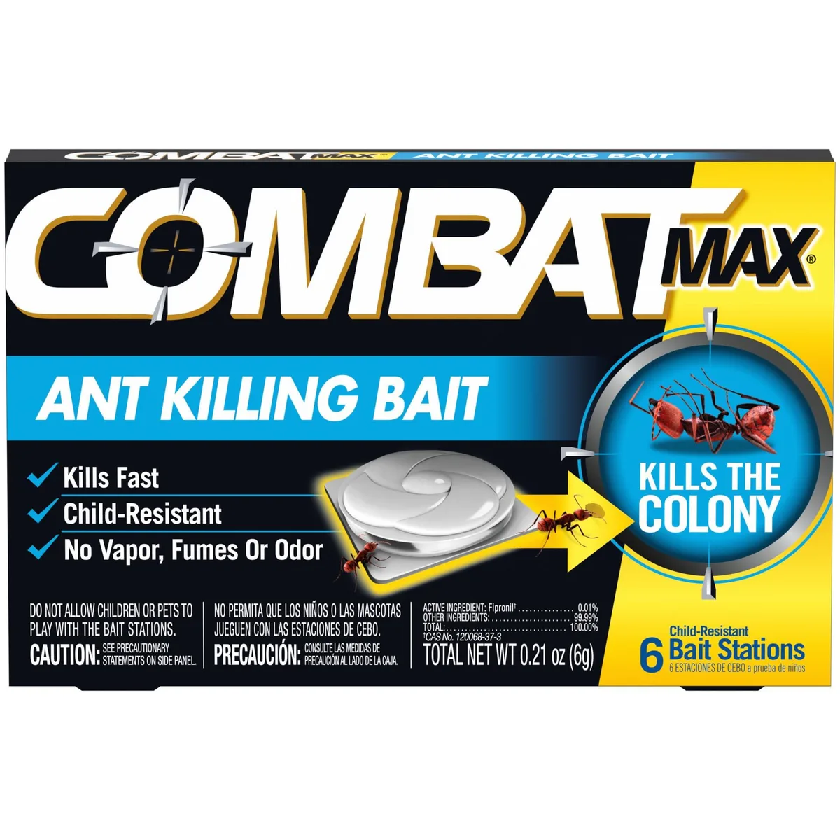 Six compact plastic ant bait stations in a row