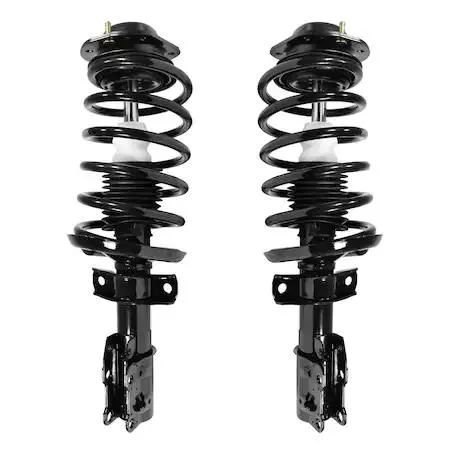 Pair of silver front strut assemblies with coil springs and top mounts