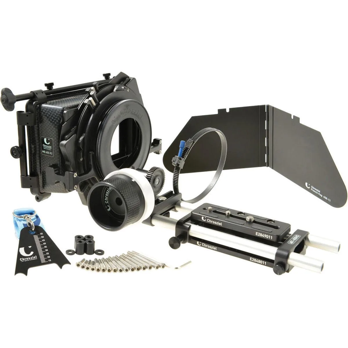 Matte box with dual rotating stages, baseplate with 15mm rods, follow focus unit