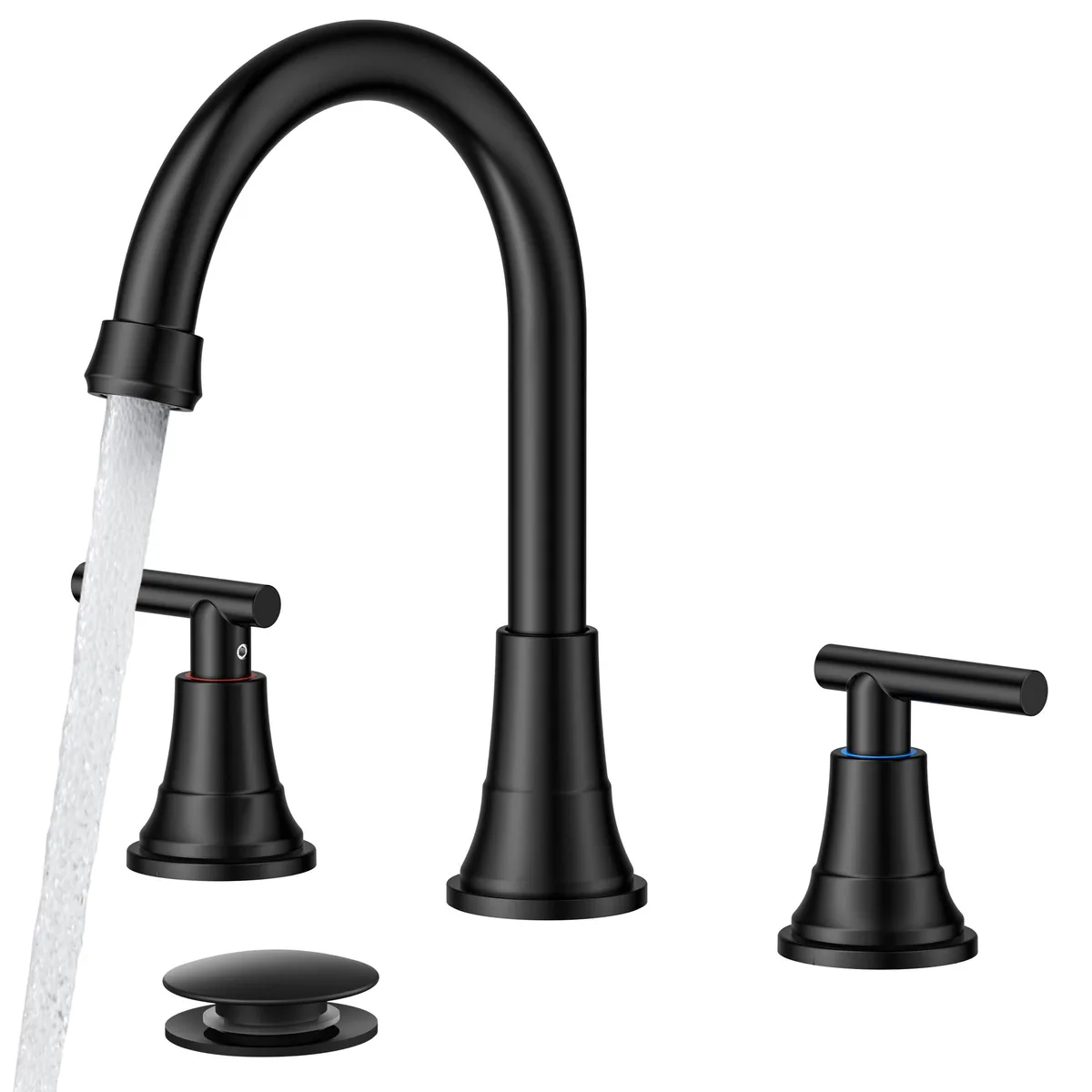 Matte black widespread bath faucet with two handles, high arc spout and pop-up drain