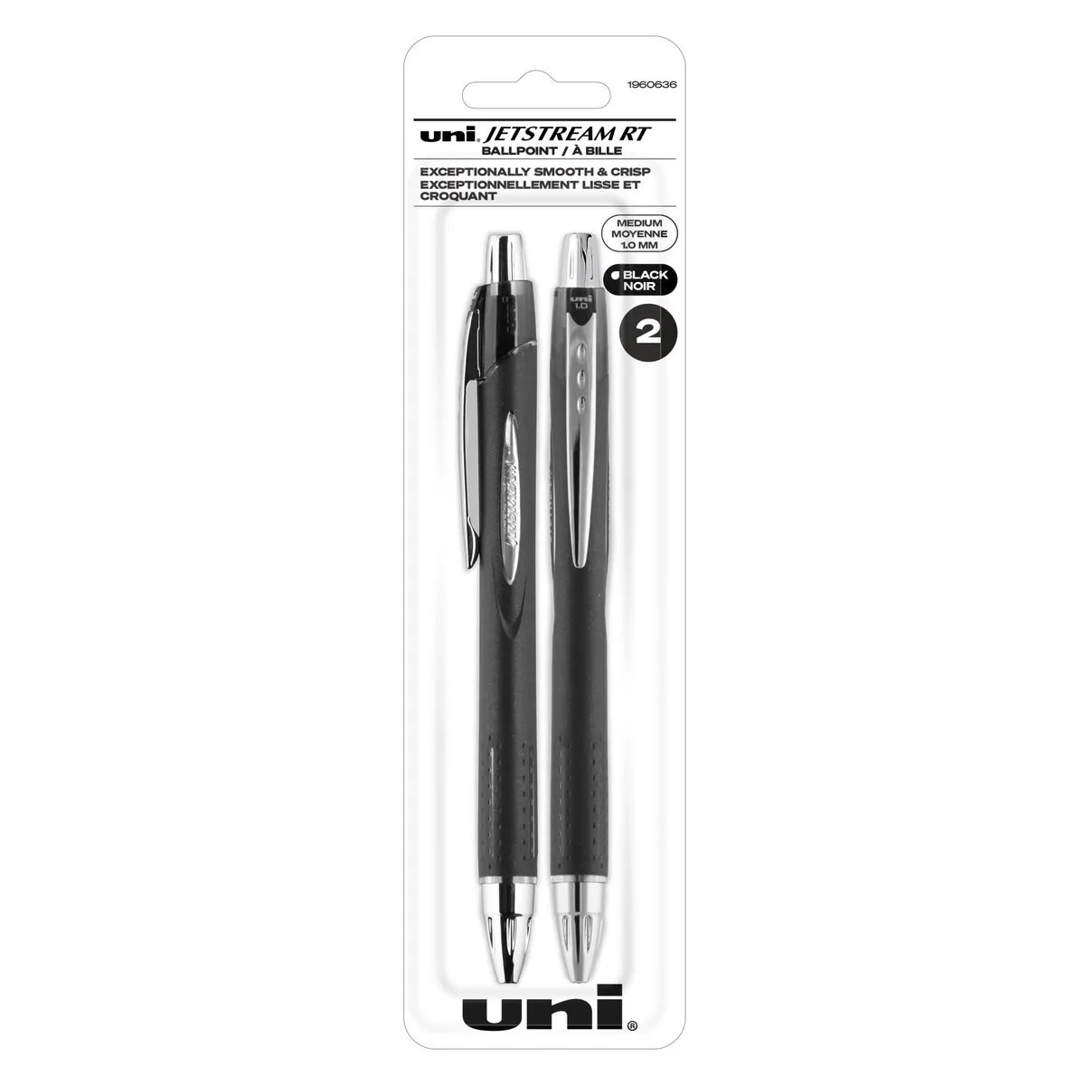 Two black ballpoint pens with silver accents and snap caps