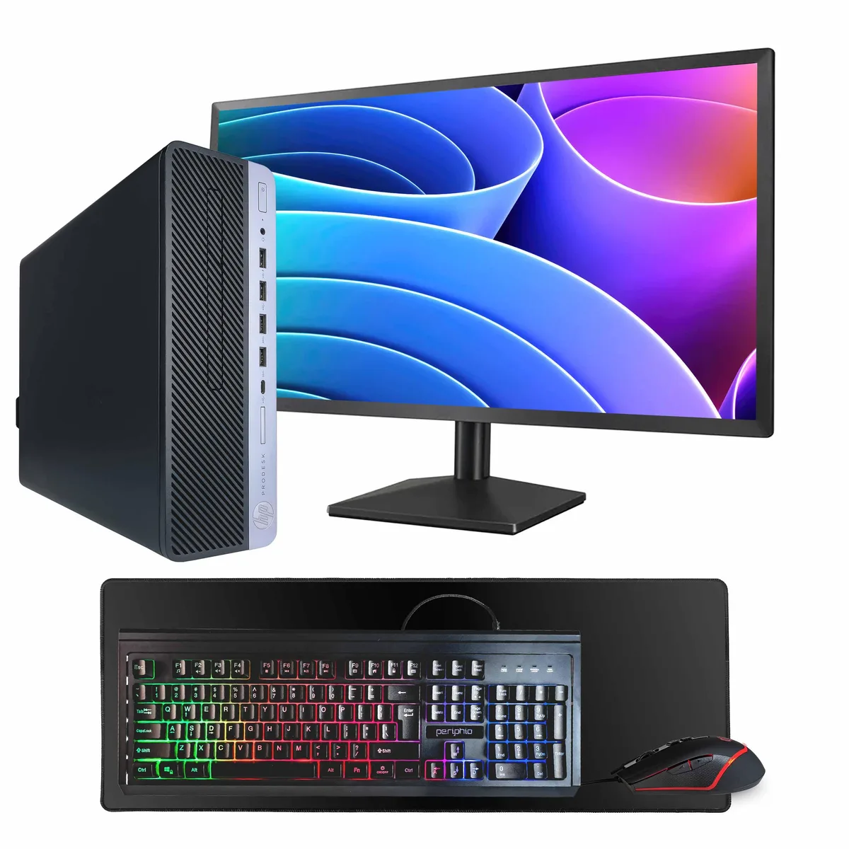 HP HP ProDesk 600 G4 desktop PC Intel Core i7-8700 16 GB 500 GB SSD 24" monitor GeForce 1030 — product photo