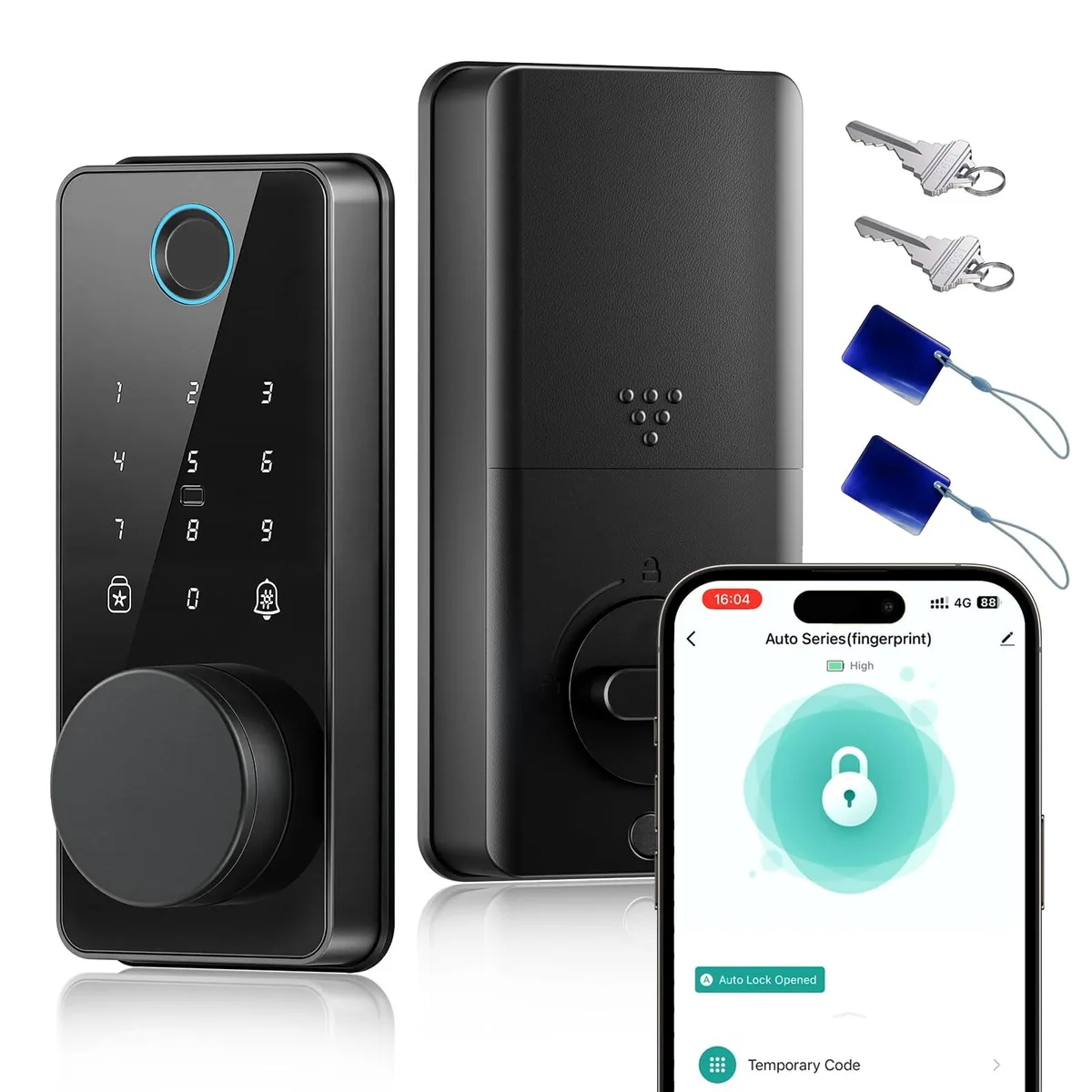 Black rectangular keyless entry lock with fingerprint sensor and touchscreen keypad