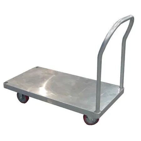 Silver aluminium platform truck with raised handle and four wheels, 60 by 30 inch deck