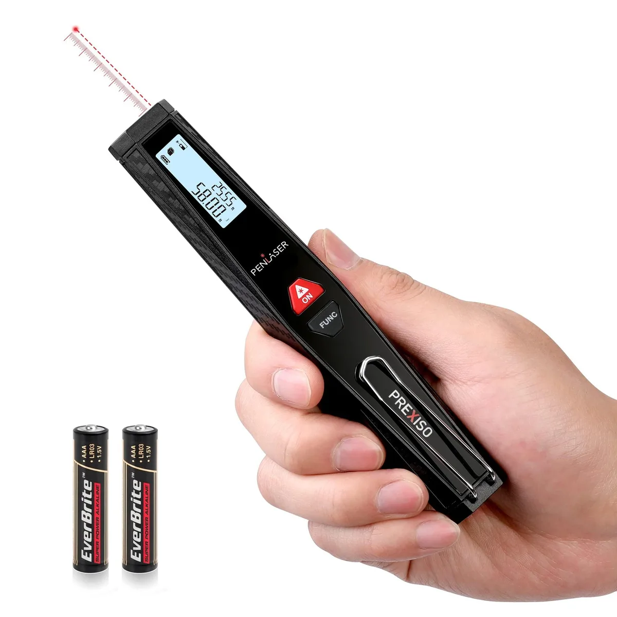 Compact laser distance meter with carbon-fibre finish pen clip and backlit display