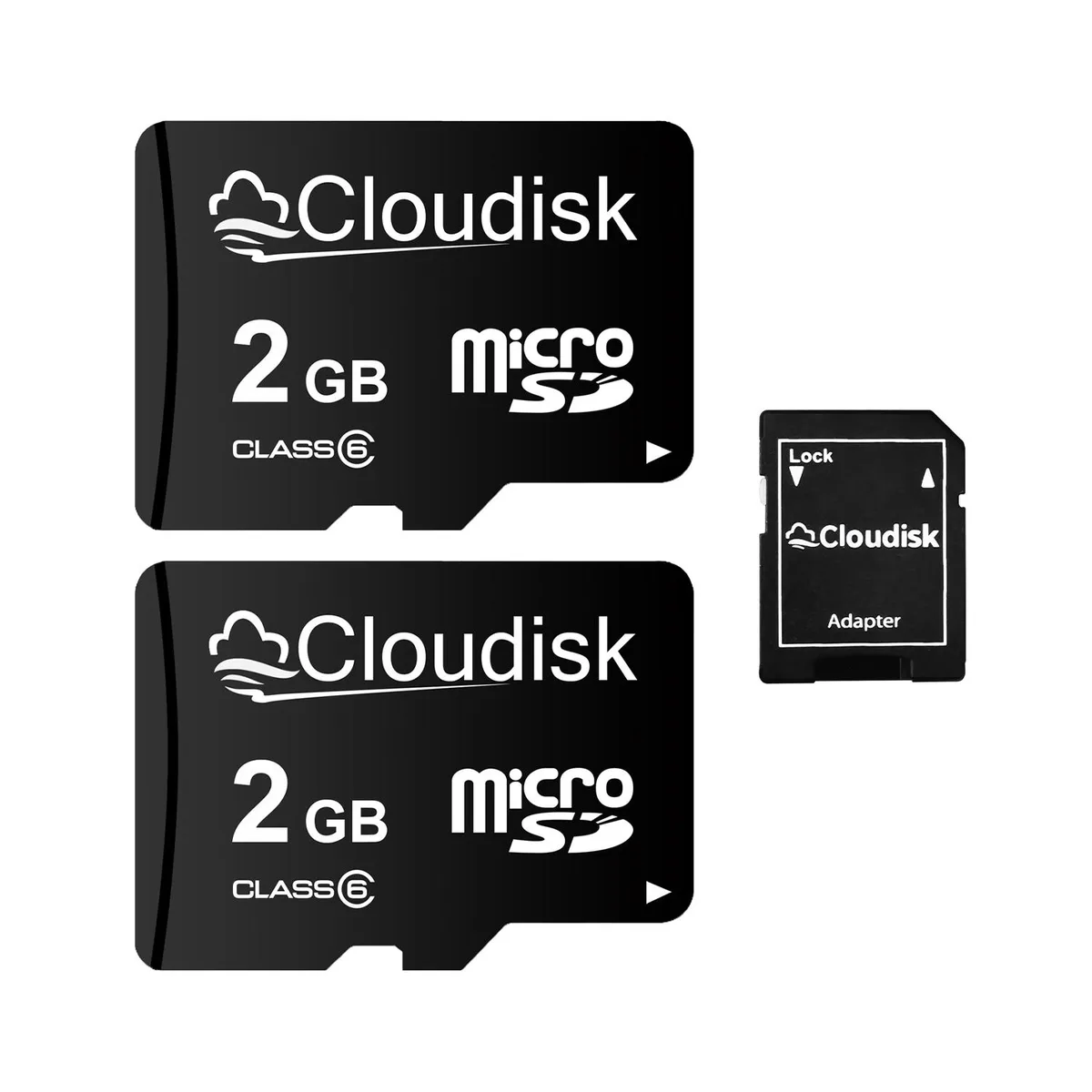Two small black microSD cards with a matching SD adapter