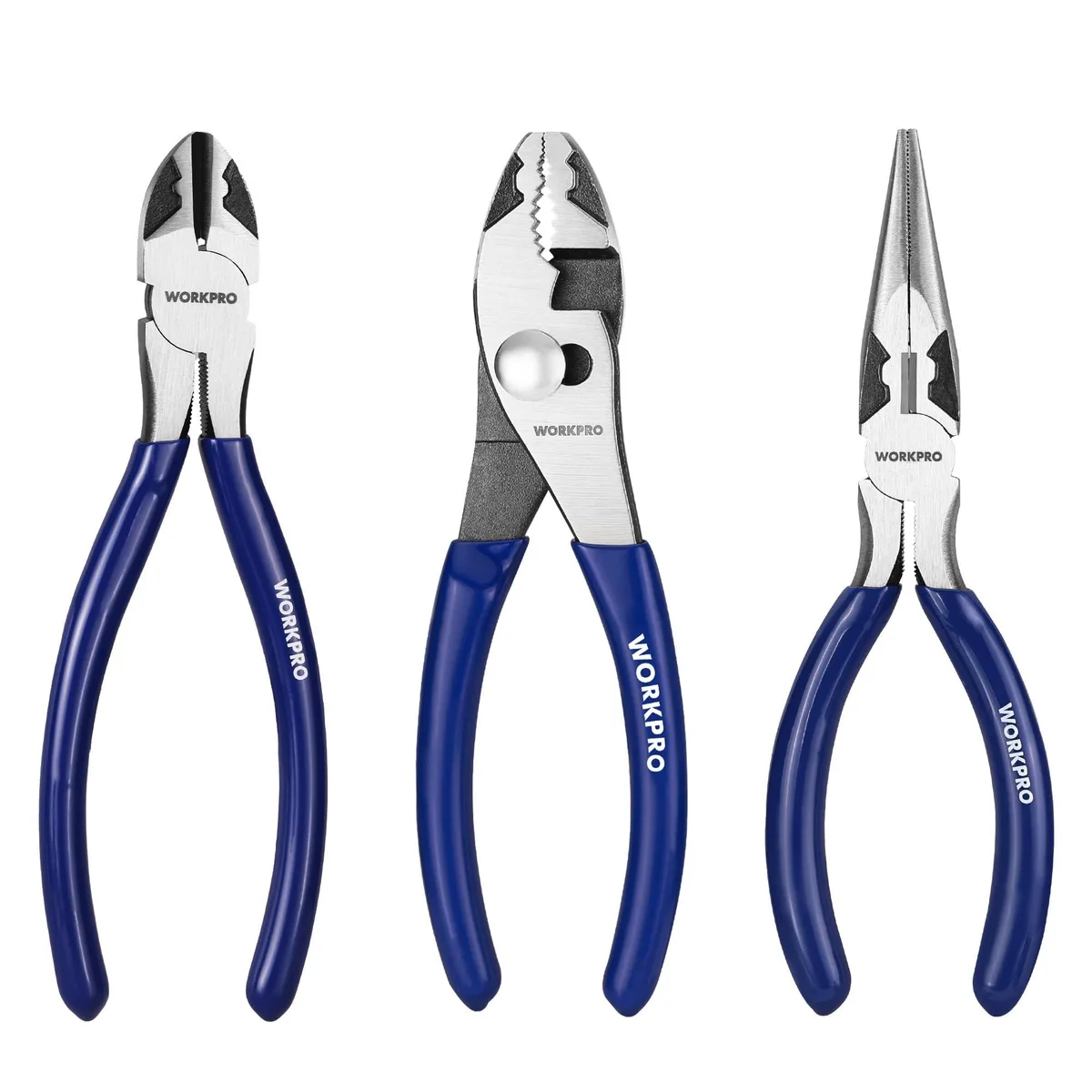 Three blue-handled 6-inch pliers: needle-nose, slip-joint, diagonal