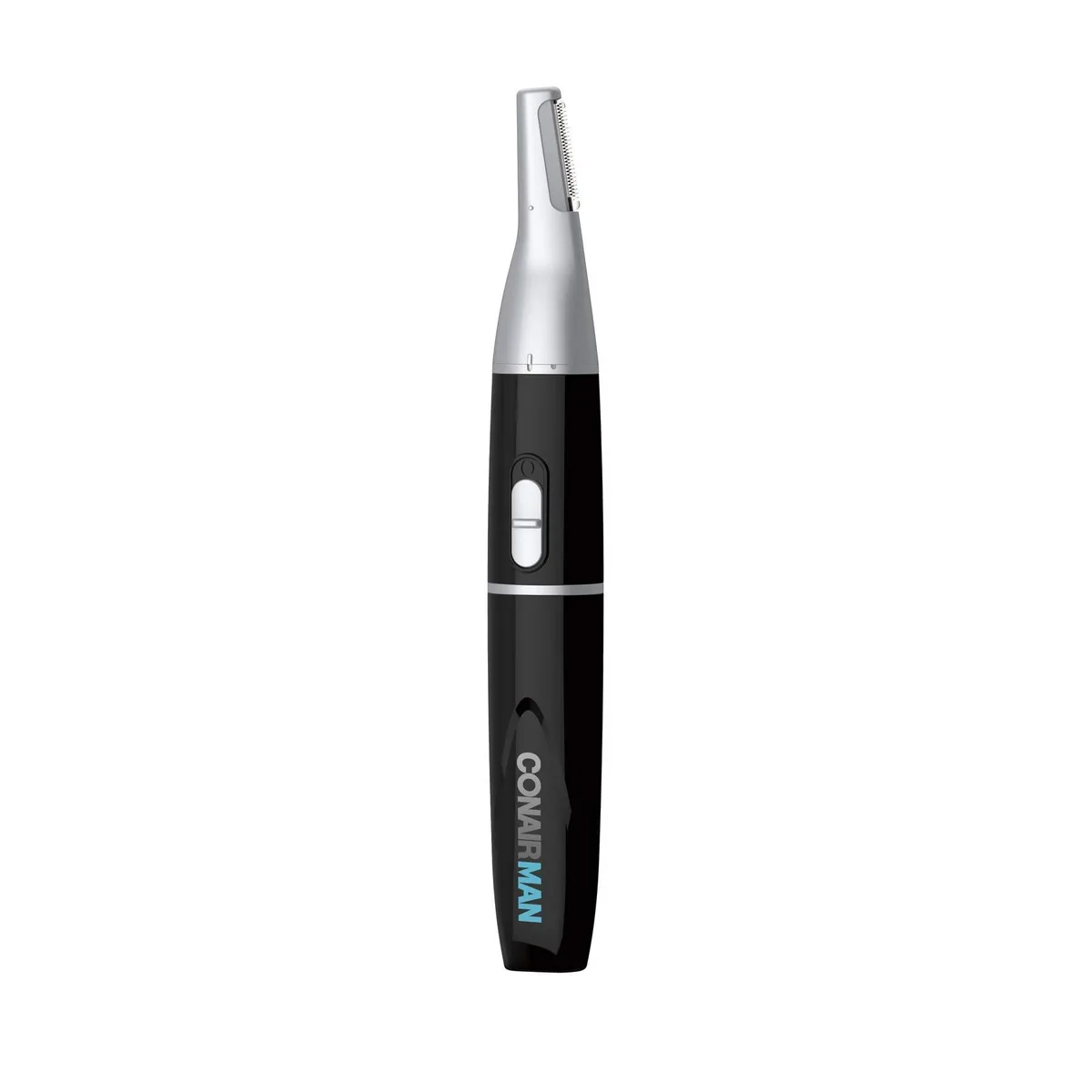 Black cylindrical personal trimmer with stainless steel blades and lithium battery power