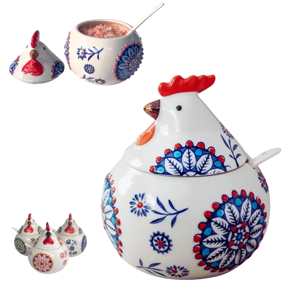 Blue ceramic rooster-shaped salt cellar with lid and spoon, glossy finish