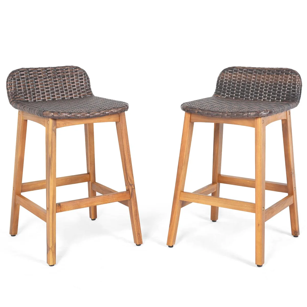 Two brown acacia wood bar stools with backrests and footrests 28 lbs each