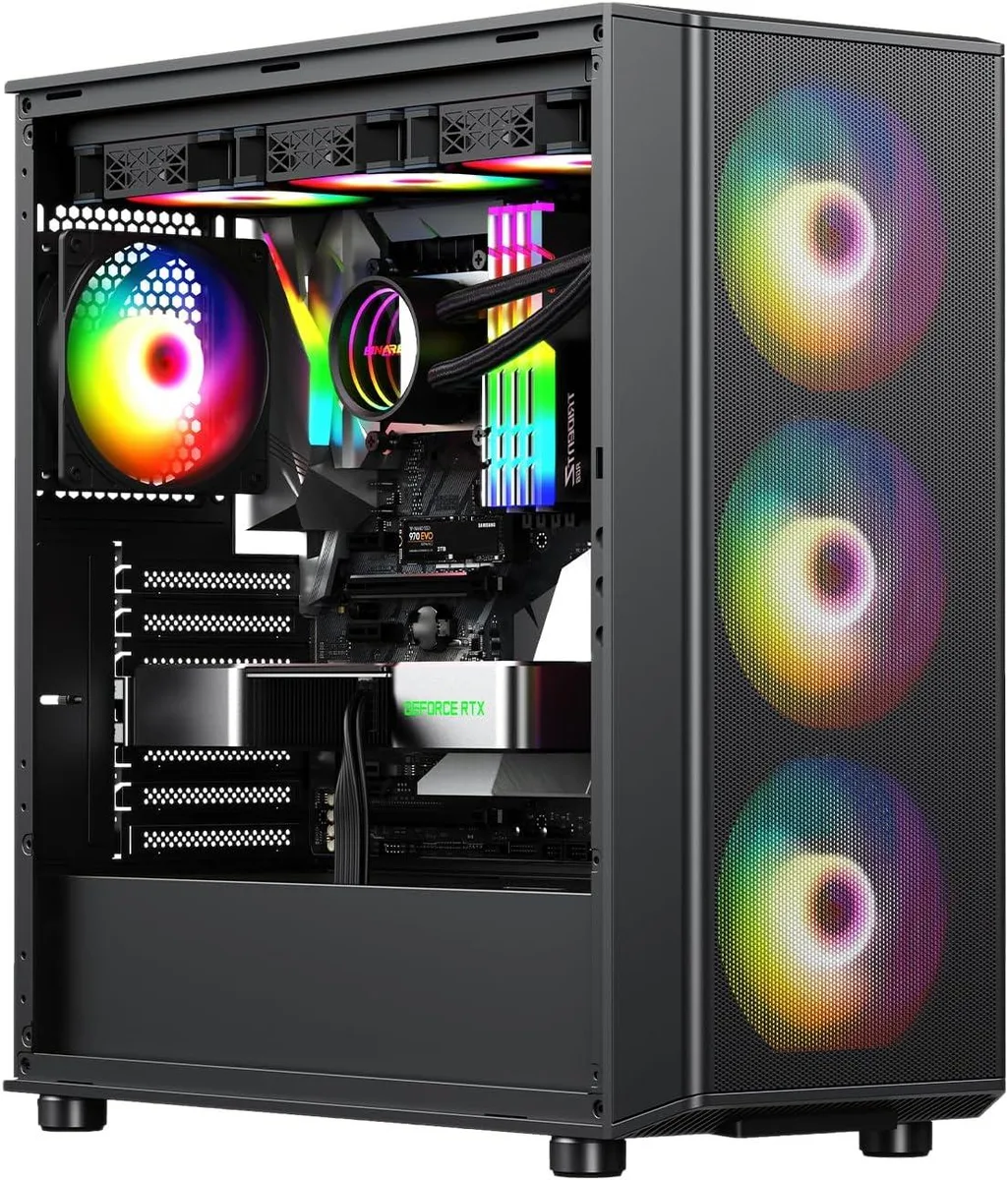Black ATX mid-tower with metal mesh front panel, tempered glass side panel and four pre-installed ARGB fans visible
