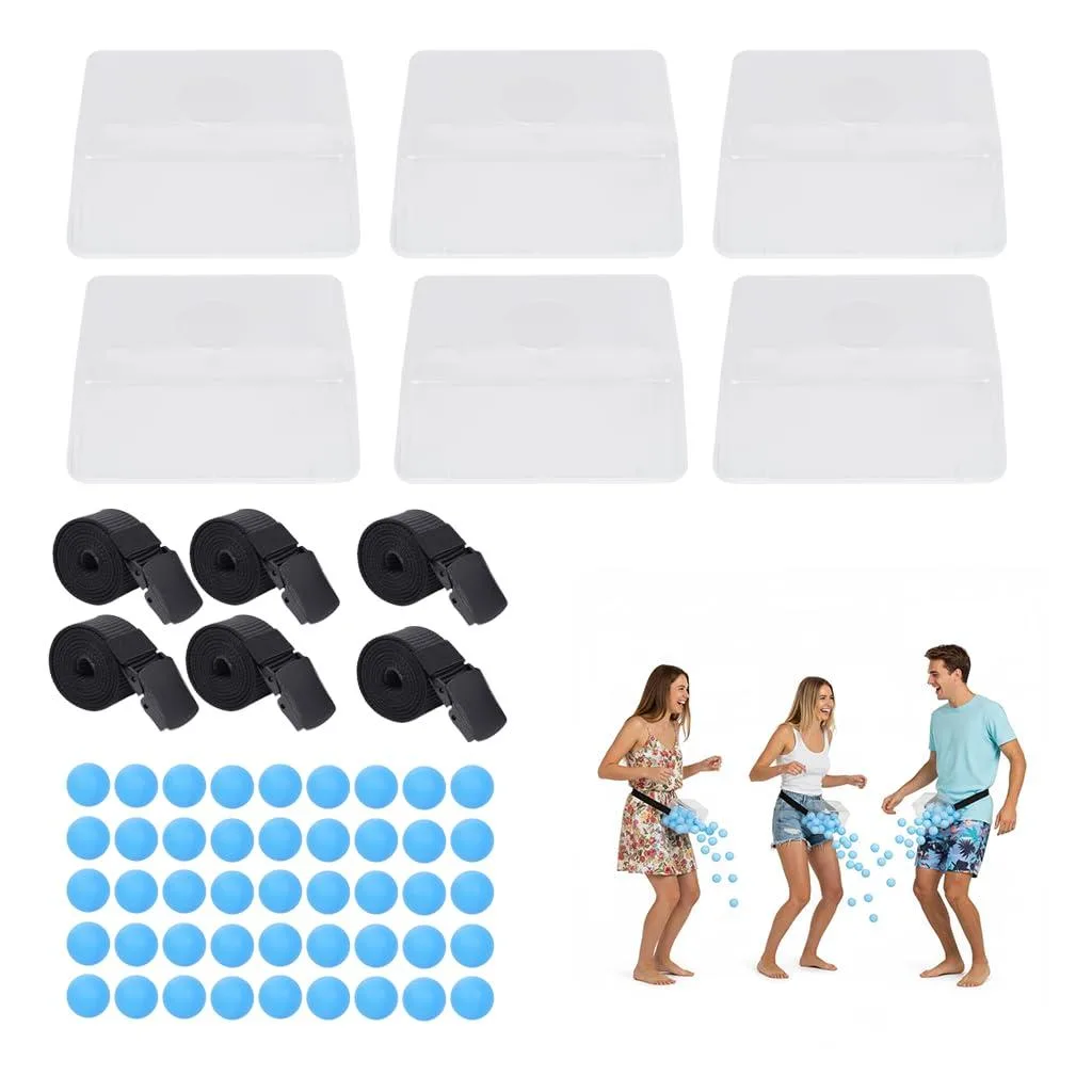 Six transparent hip boxes with adjustable belts and fifty blue balls inside