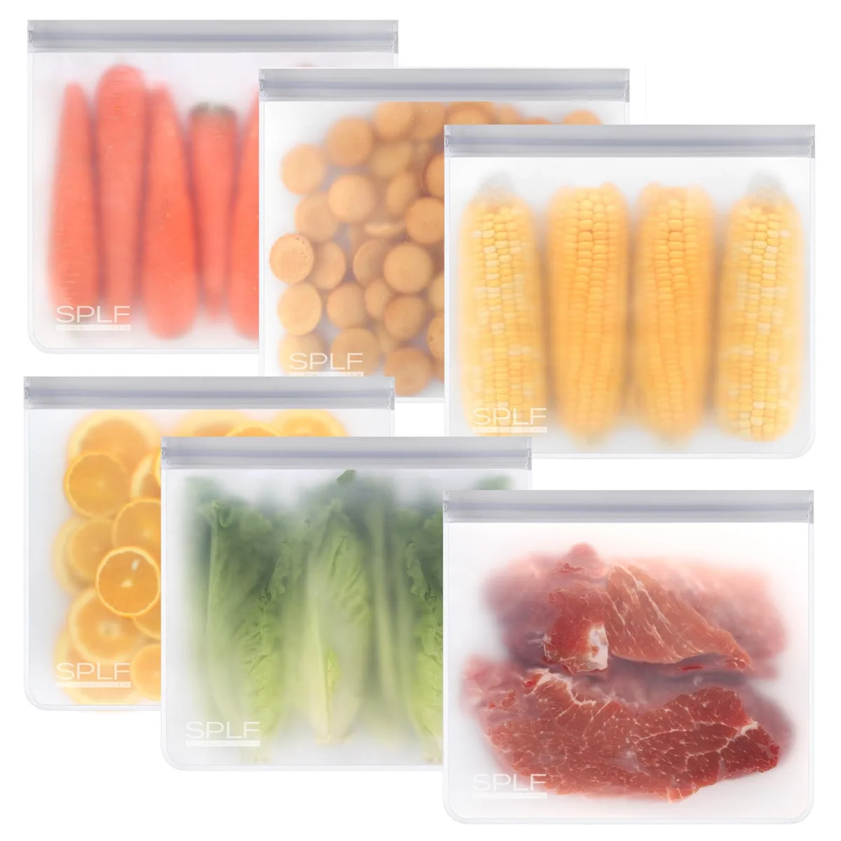 Six red silicone gallon bags with zipper closures