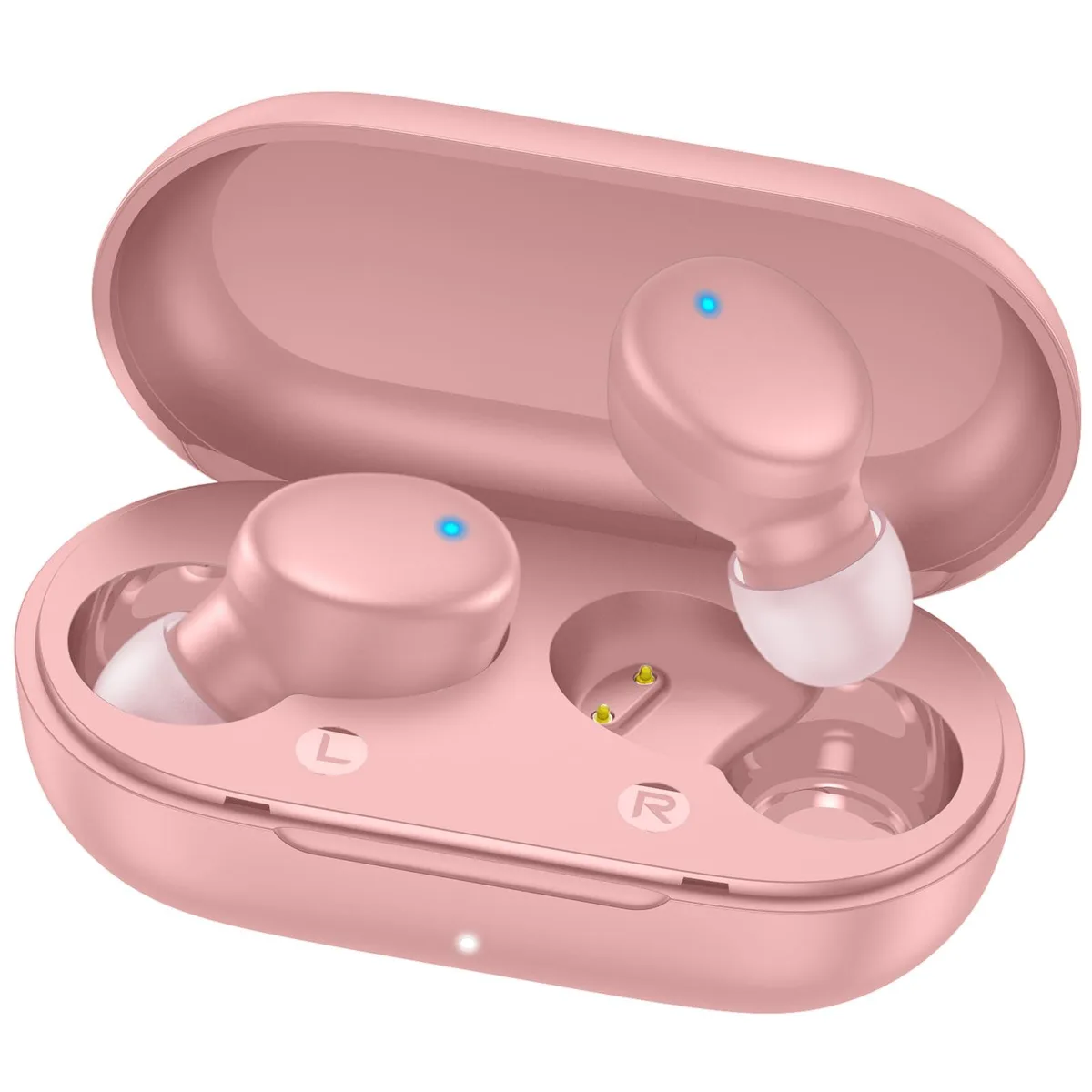 Pink wireless earbuds in compact charging case