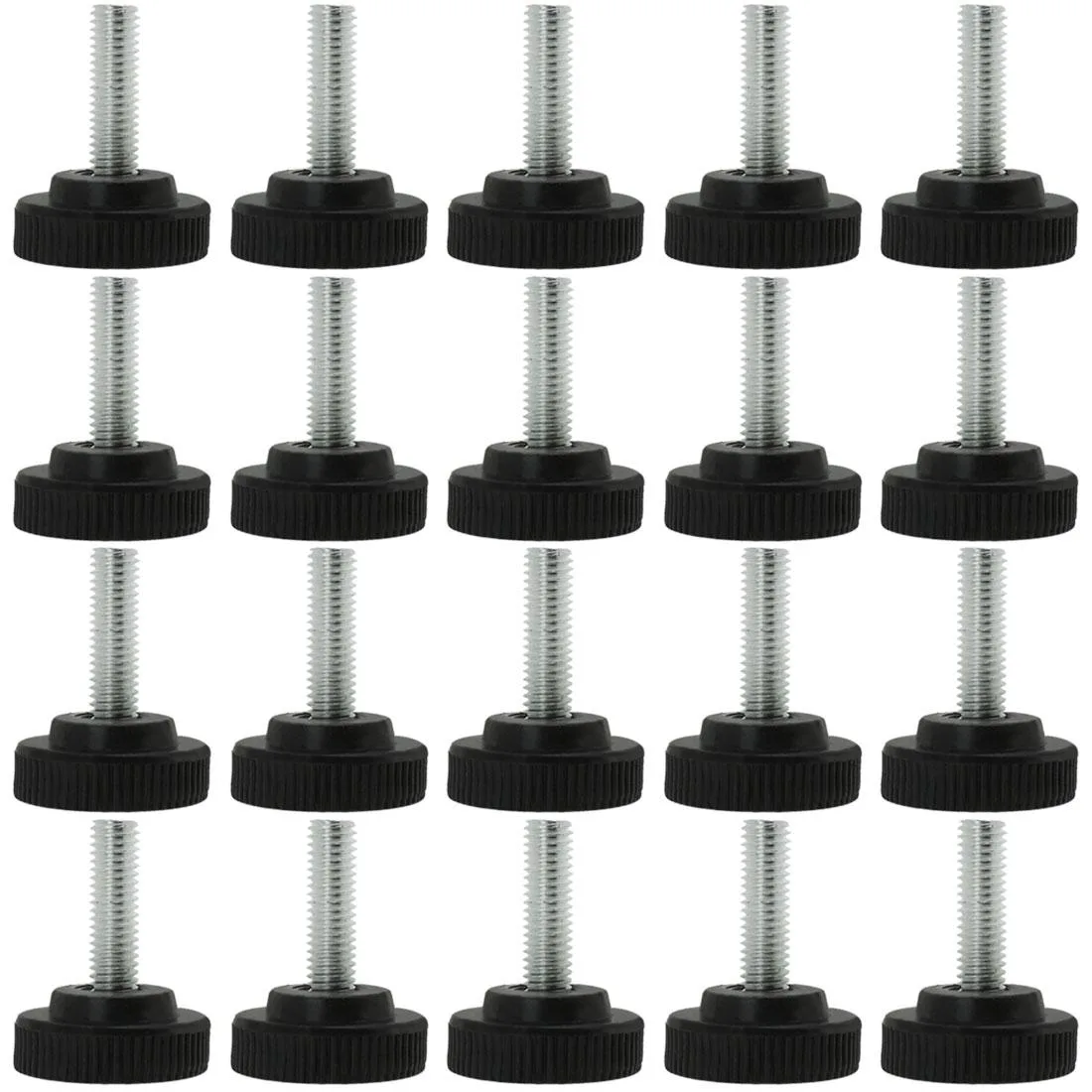 20 black and silver adjustable leveling feet with M8 threaded stems and plastic bases
