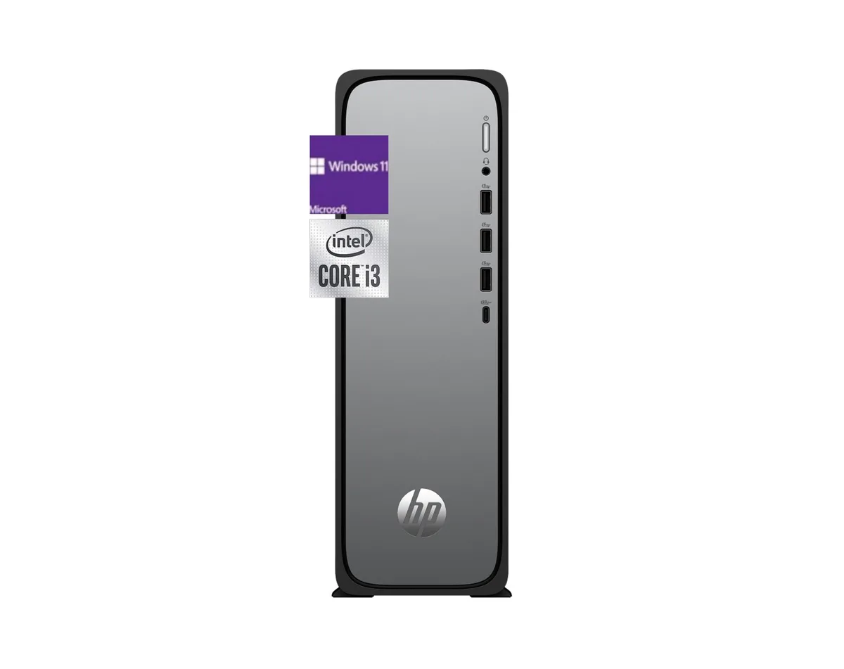 HP HP OmniDesk Slim S03-0055t desktop PC Intel Core i3-14100 32 GB DDR5 2 TB SSD Windows 11 Home Meteor silver — product photo