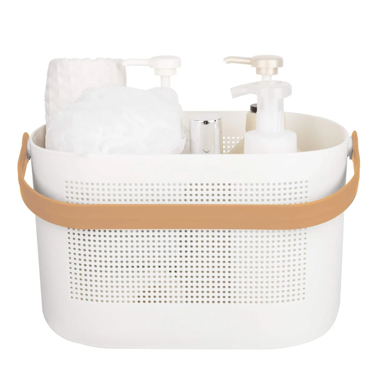 Yellow plastic shower caddy basket with handle and drainage holes