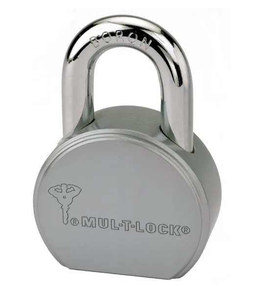 Satin chrome round steel padlock with short boron shackle