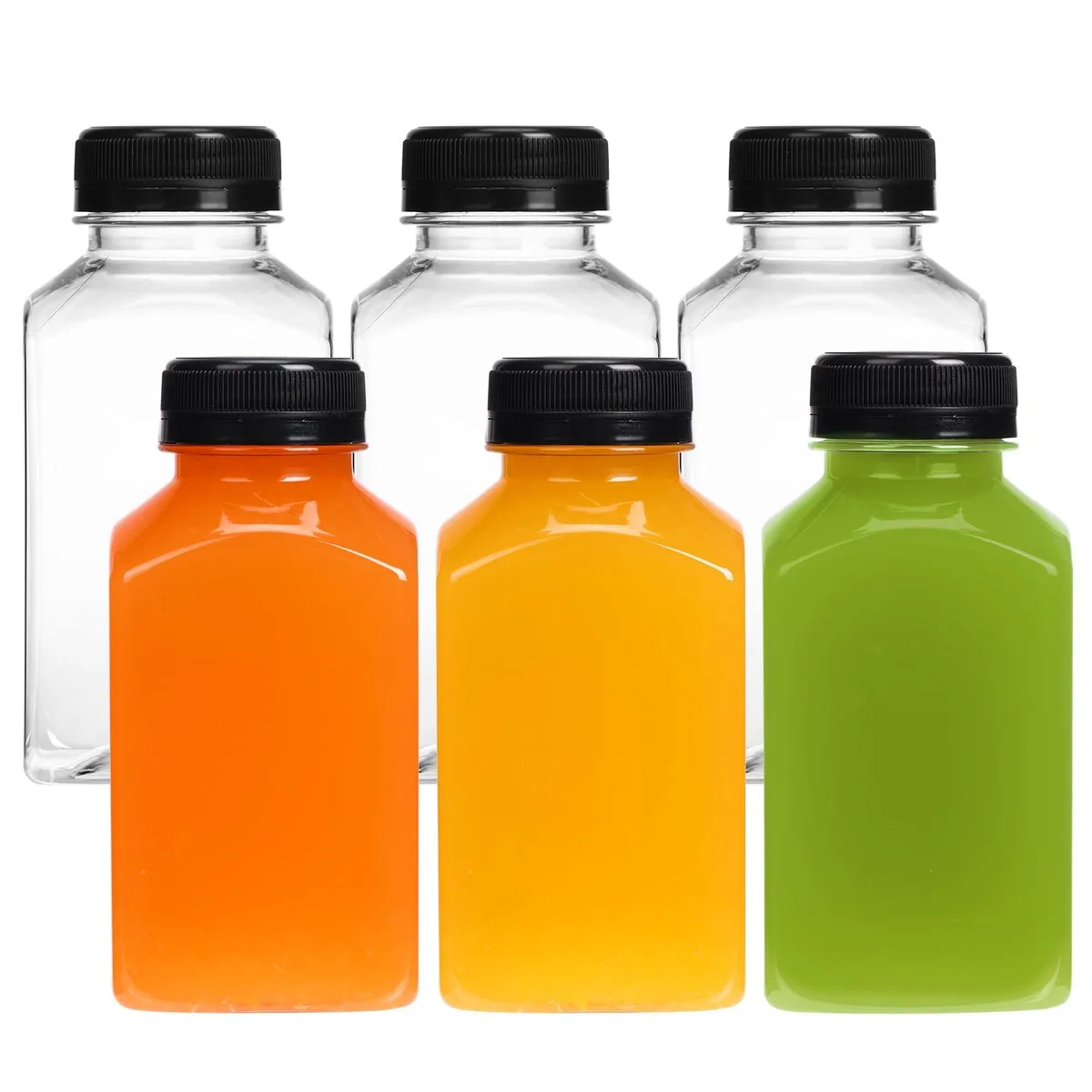 Six clear 10oz plastic bottles with black tamperproof caps