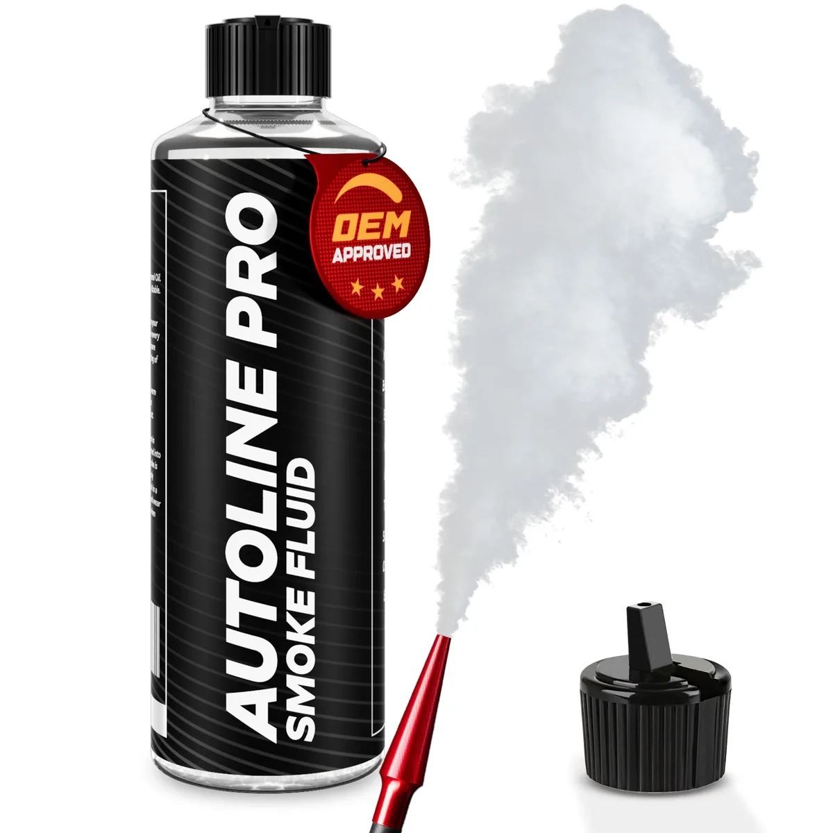 White 8 fl oz bottle of Metra smoke machine cleaner fluid