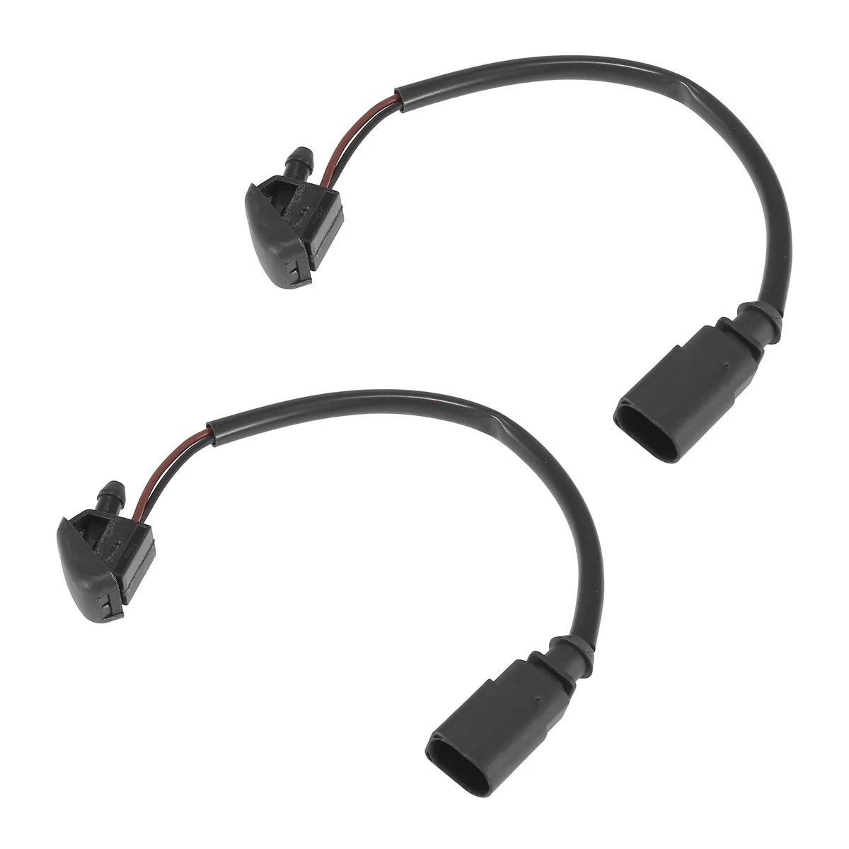 Two black plastic heated washer nozzles, pair