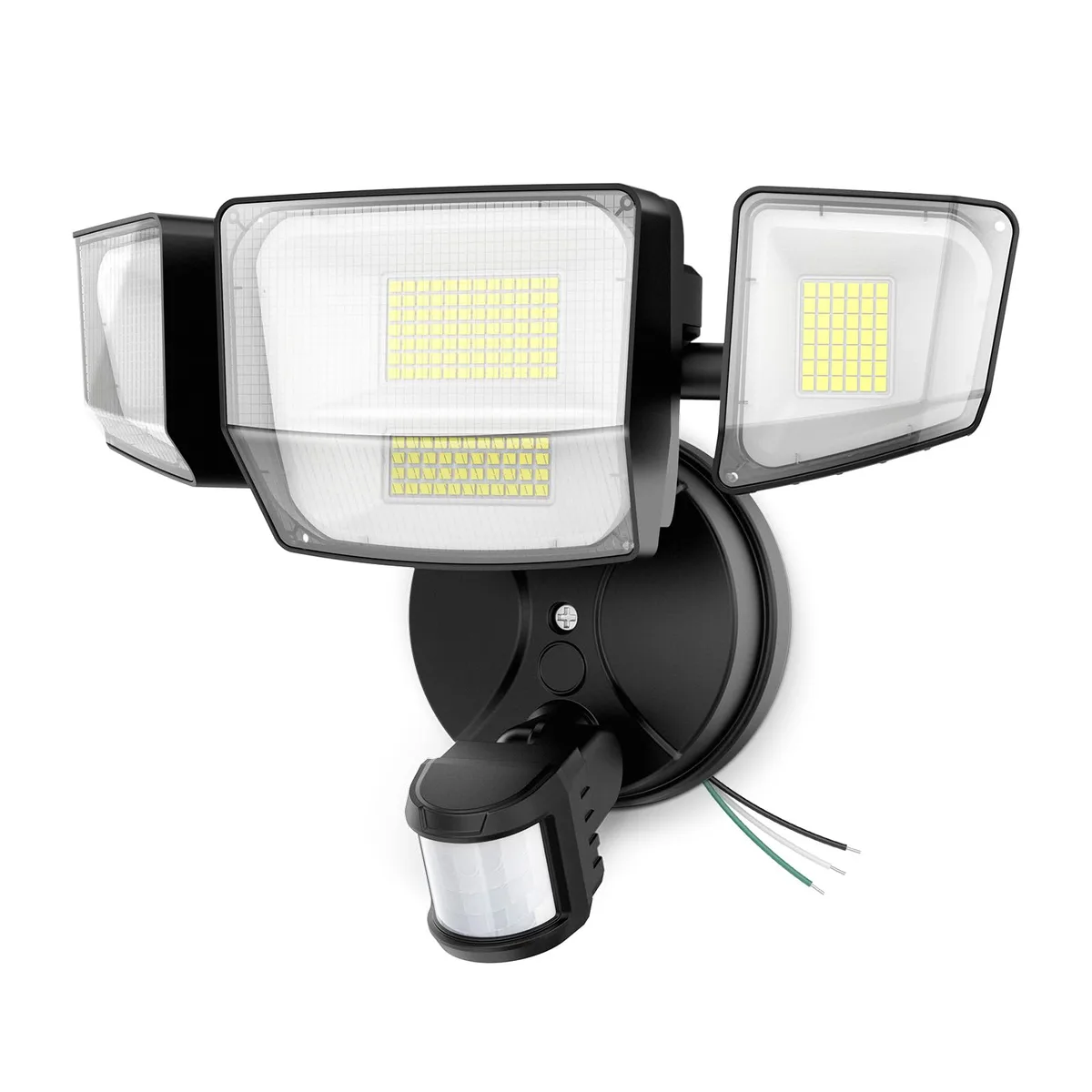 Black four-head LED floodlight with adjustable heads, rectangular junction box, IP66 rated