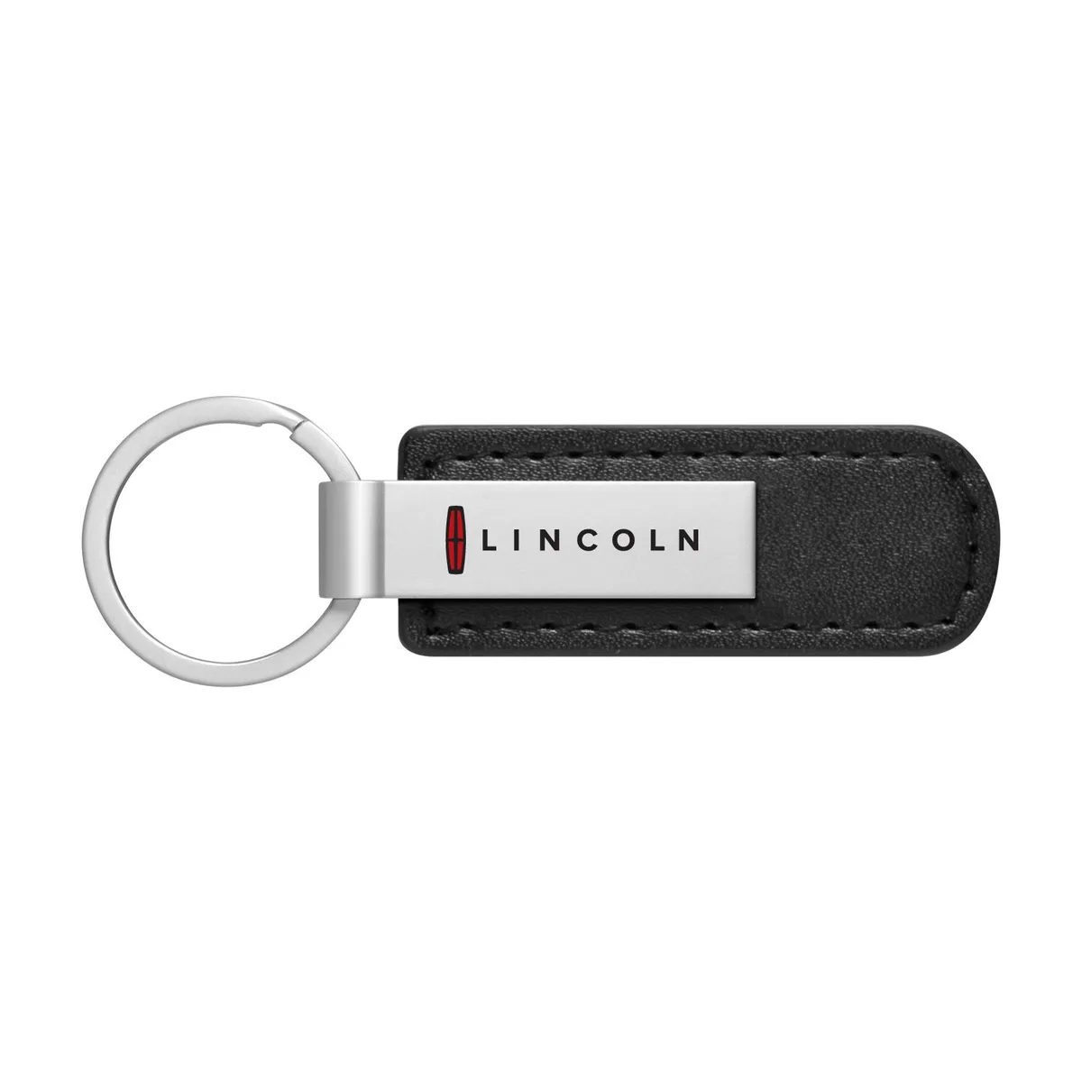 Black PU leather key chain with curved corners and silver metal stripe showing red Lincoln logo