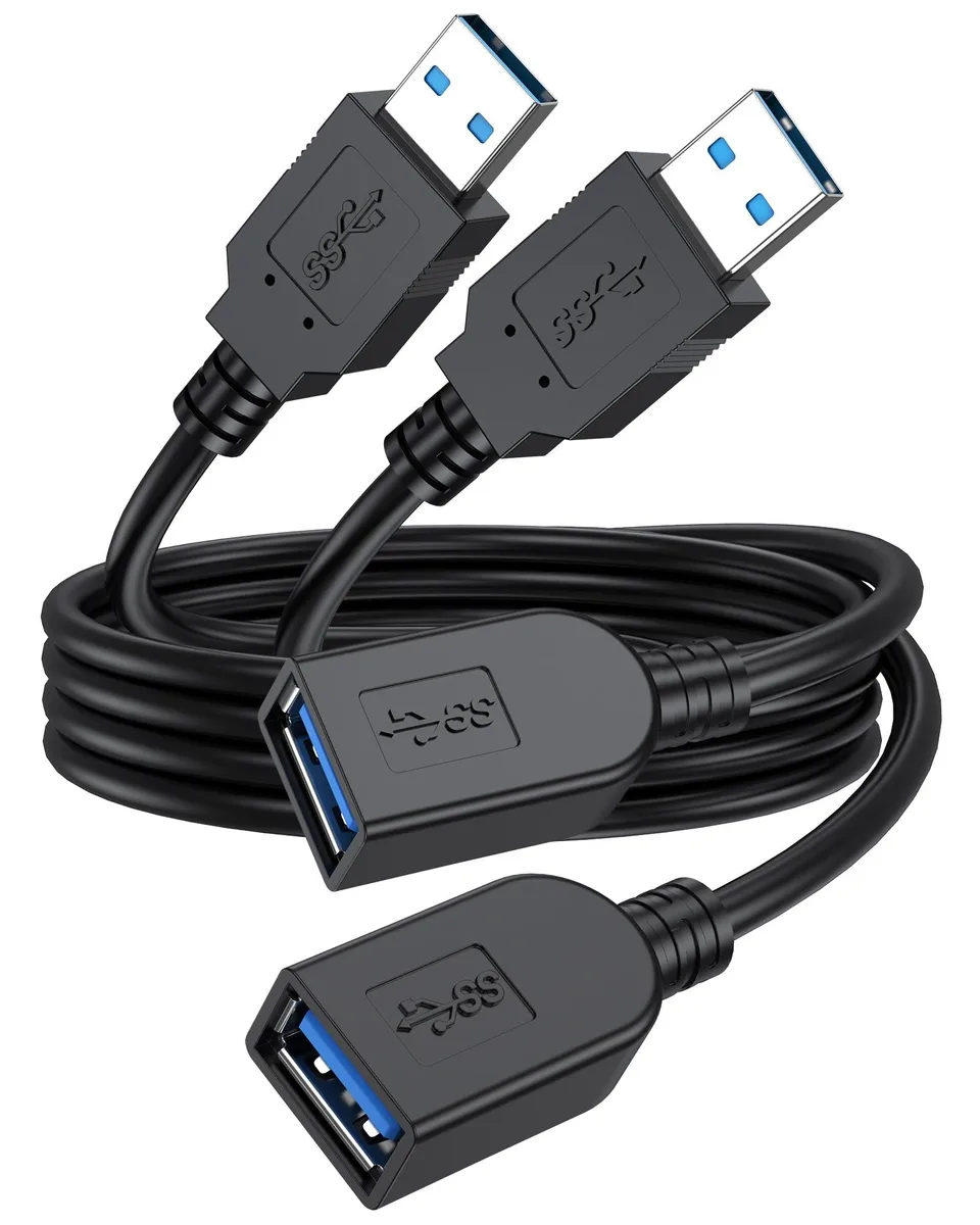 Two black USB 3.0 Type A male-to-female extension cables, three feet each