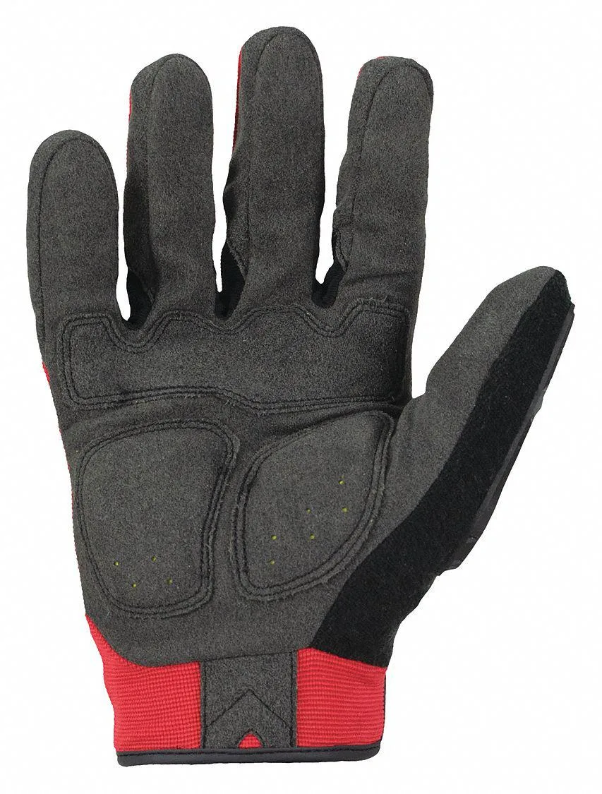 Black and red leather mechanics gloves with padded palm and hook-and-loop cuff