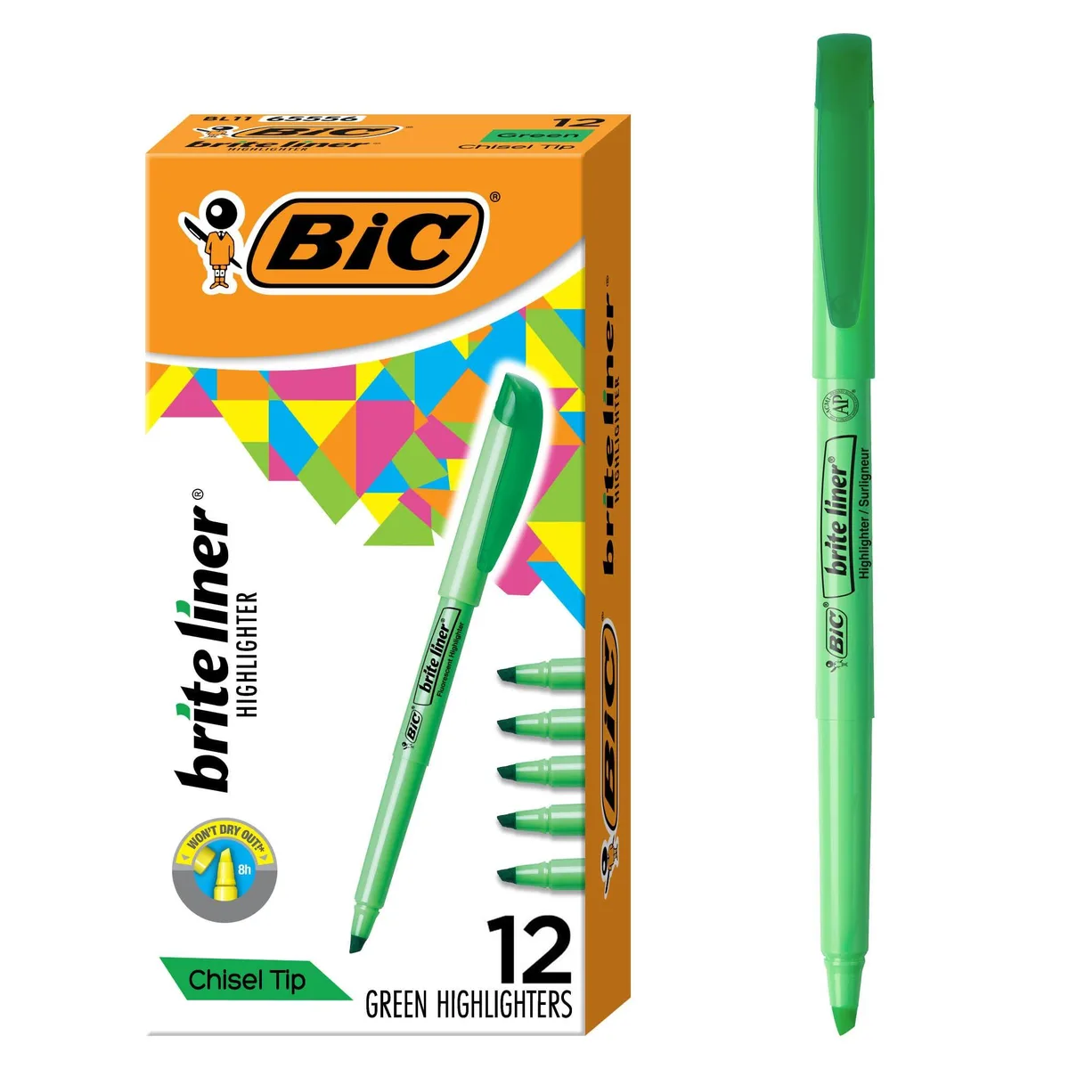 Twelve green chisel-tip highlighters in a pack