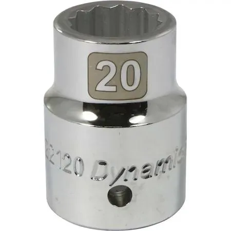 Chrome-finish 3/4-inch drive 20mm 12-point socket with knurled ring and laser-etched size markings