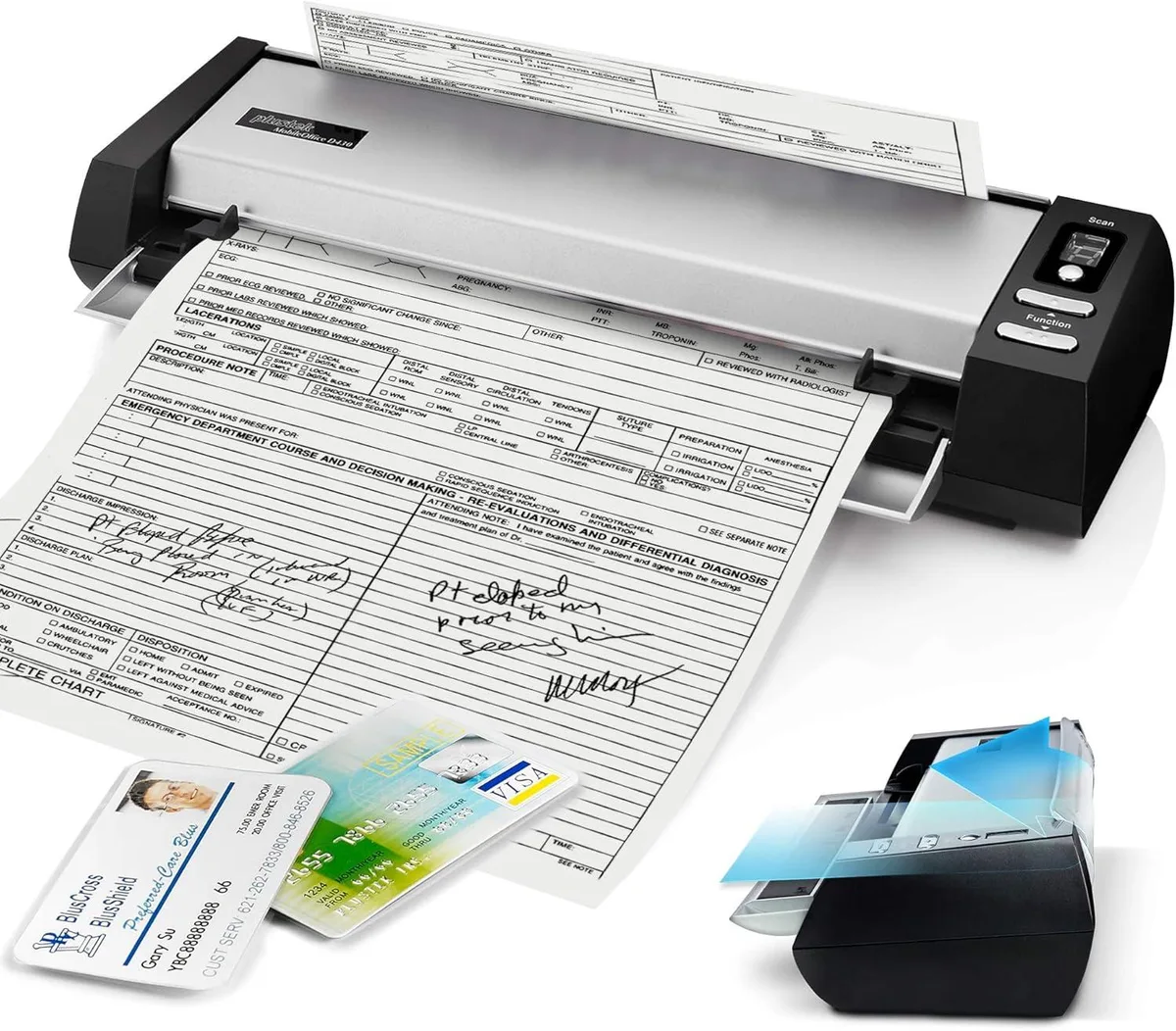 Compact white desktop document scanner with front paper feed slot