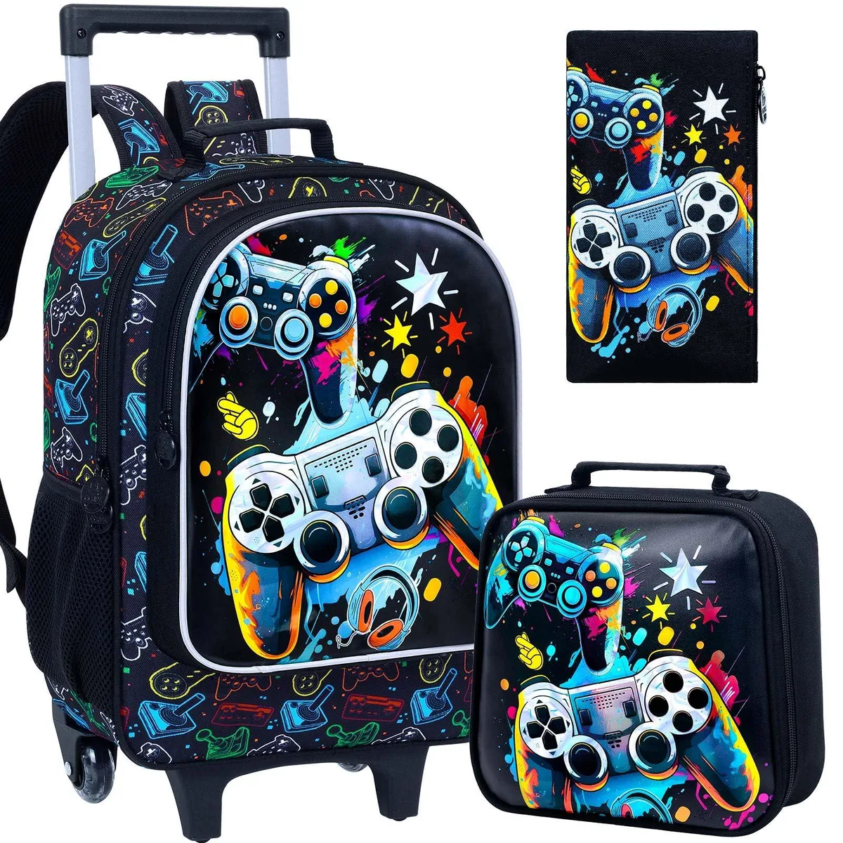 Blue rolling backpack with game-console print, telescopic handle, two wheels, matching lunch bag and pencil case