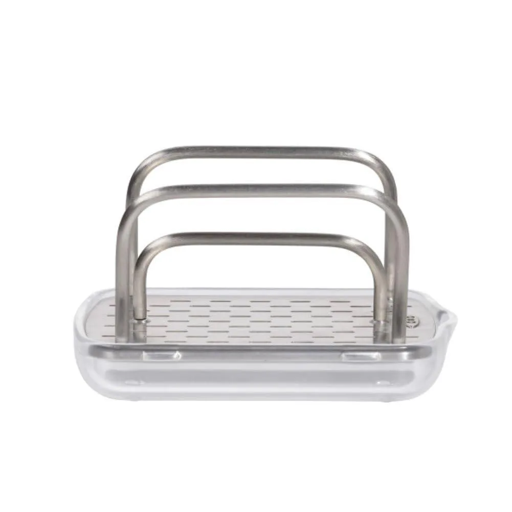 Stainless steel sponge holder with open sides, ventilation holes, pour spout and four feet